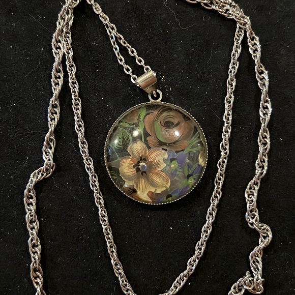 Jewelry - Vintage 3 Strand Convex glass reverse floral painted art glass necklace